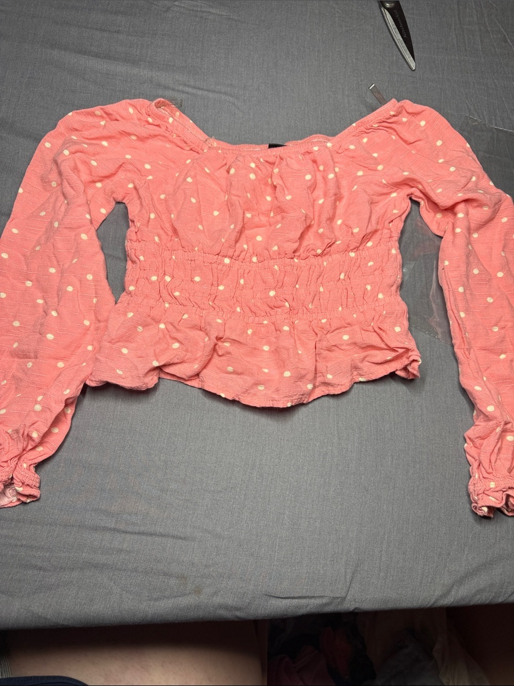art class Coral Pink Polka Dot Smocked Off-Shoulder Crop Top